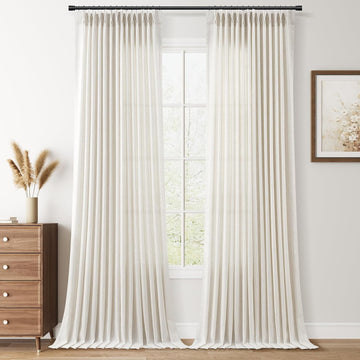 Pinch Pleated Linen Curtains Semi Sheer 2 Panels Natural Cream Curtain for Rustic Farmhouse Back Tab