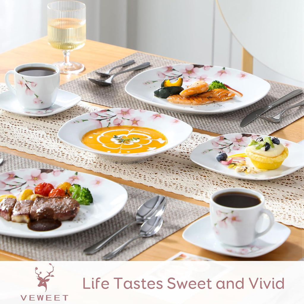 Annie Porcelain Dinnerware for 6, 30-Piece Pink Floral Dish Set With Plates and Bowls Including Dinner, Dessert, Soup