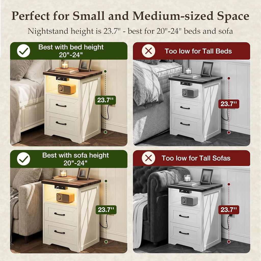 Farmhouse Nightstand Set of 2, Bedside Tables with Charging Station & LED Lights, End Tables with Two Drawers and