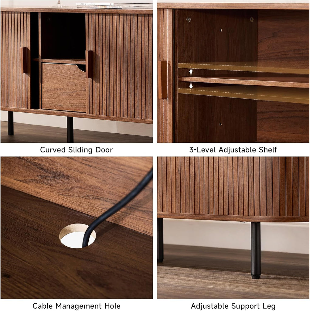 69" TV Stand with Power Outlet for TVs up to 80", Entertainment Center with Storage and Drawer, TV Console with Adjustable Shelves and Sliding Door, TV Stand for Living Room, Bedroom, Walnut
