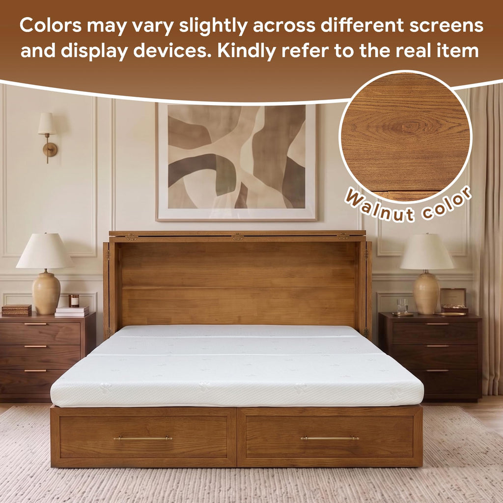 Solid Wood Queen Murphy Bed with Mattress, Arch Recessed Design