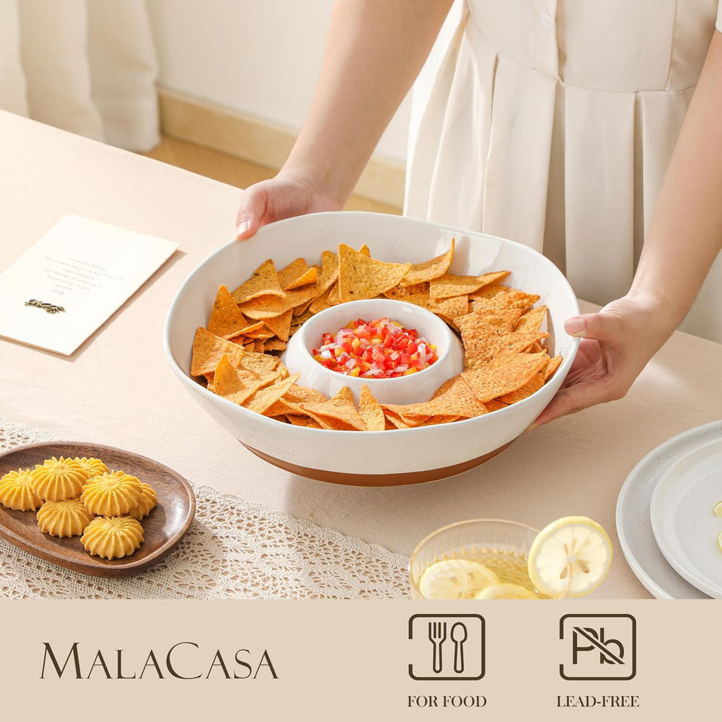 Ceramic Chips and Dip Serving Tray, 12 Inch Dip Serving Tray | Free-Form Divided Ceramic Chips and Dip Bowls for