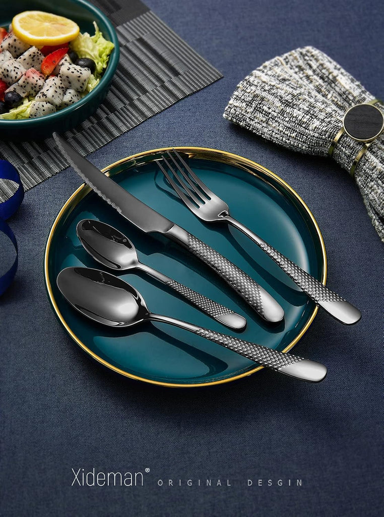 16-Piece ​Modern Black Hammered Silverware Set with Ultra Sharp 2-IN-1 Serrated Knives