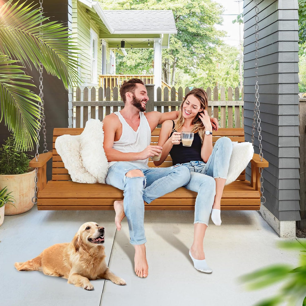 2026 Upgraded 5 FT Wooden Porch Swing, 880 LBS Heavy Duty, Brown | 2026 Upgraded Design; Heavy-Duty Wooden Swing;