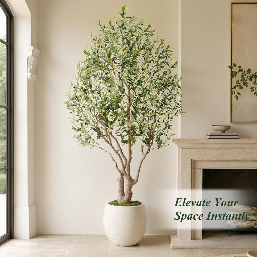 8ft Faux Olive Tree - Large Artificial Olive Tree with Realistic 1750 Leaves and 145 Olives - Lush and Elegant Fake