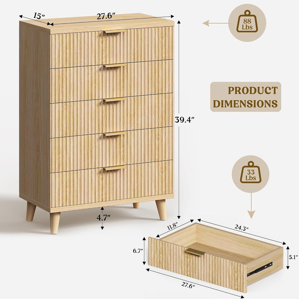 Dresser Wood Tall Dressers Drawers, Fluted Modern Dresser 5 Drawers Natural