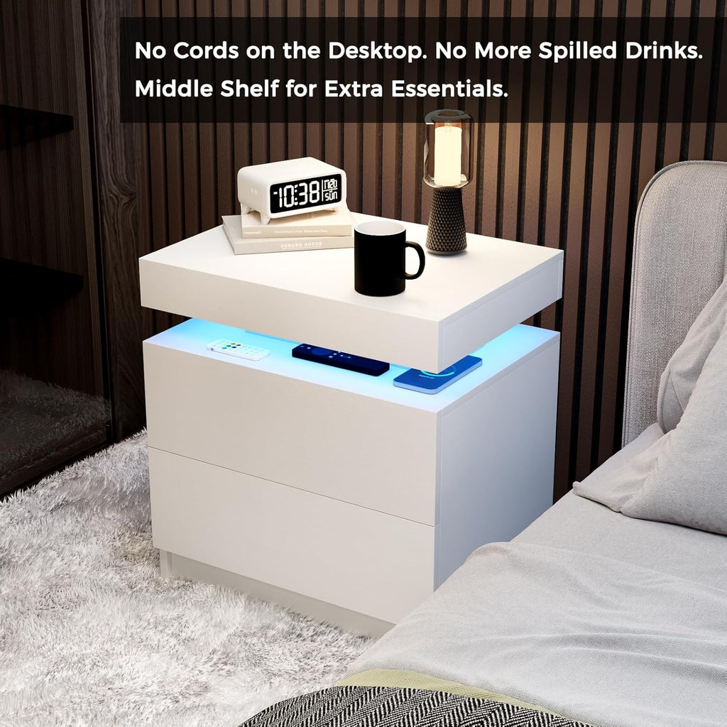 LED Nightstands Set of 2, Modern White Night Stand End Tables with APP & Remote Control LED Lighting, 2 Drawers, Open