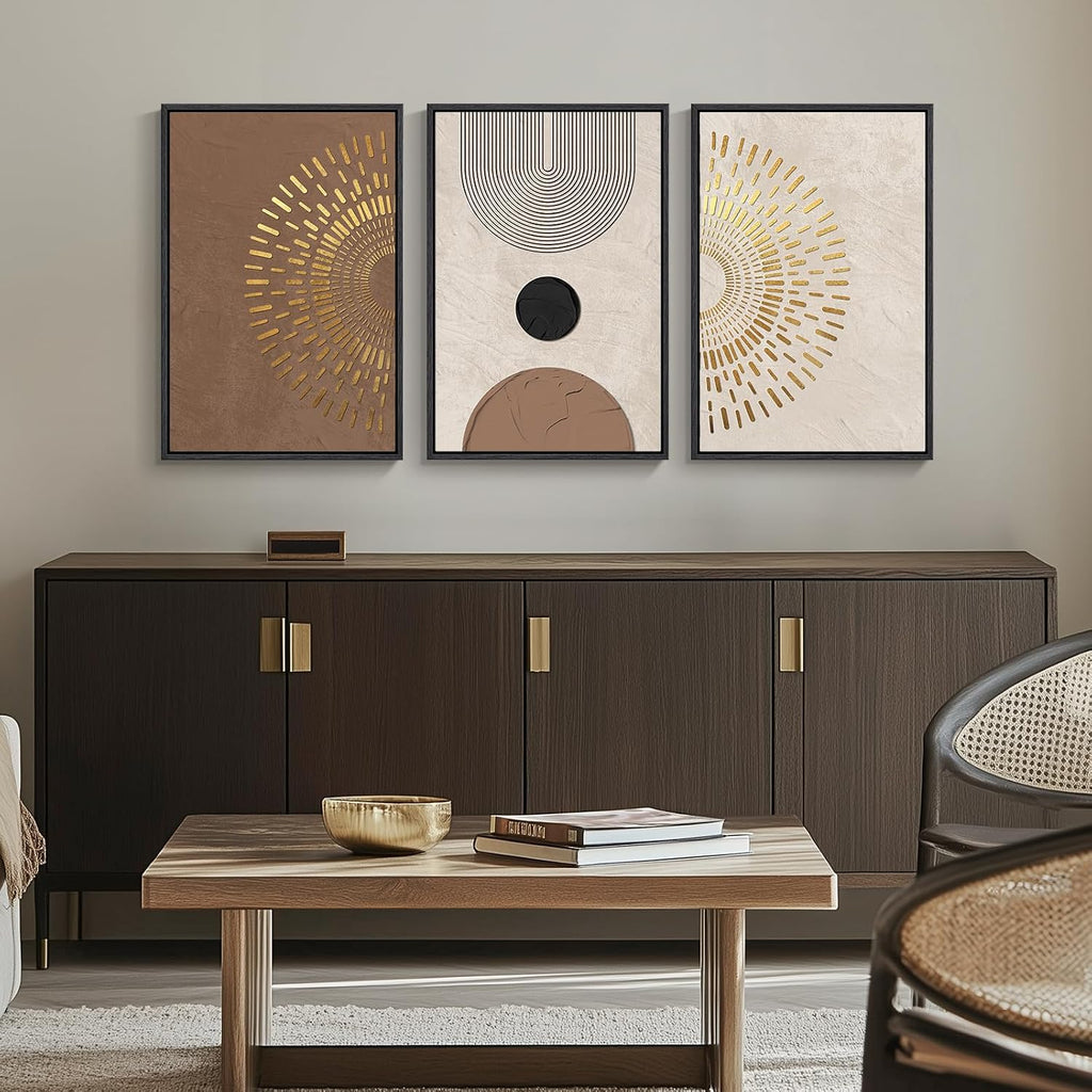 Large Framed Boho Neutral Abstract Wall Art, 3 Piece 24x36 - Set of 3