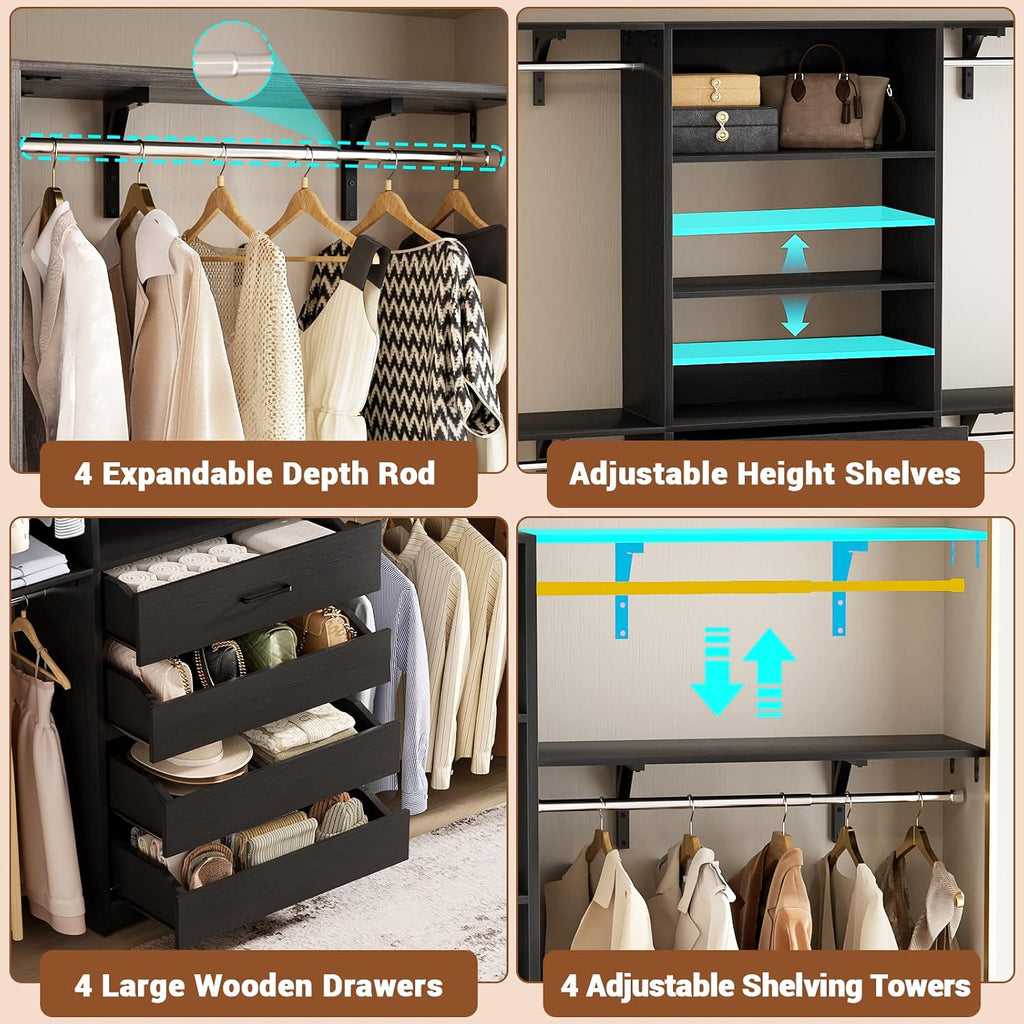 Closet System, 8FT Closet Organizer with 4 Wooden Drawers, Wood Closet Organizer System with Tower, Walk-in Closet