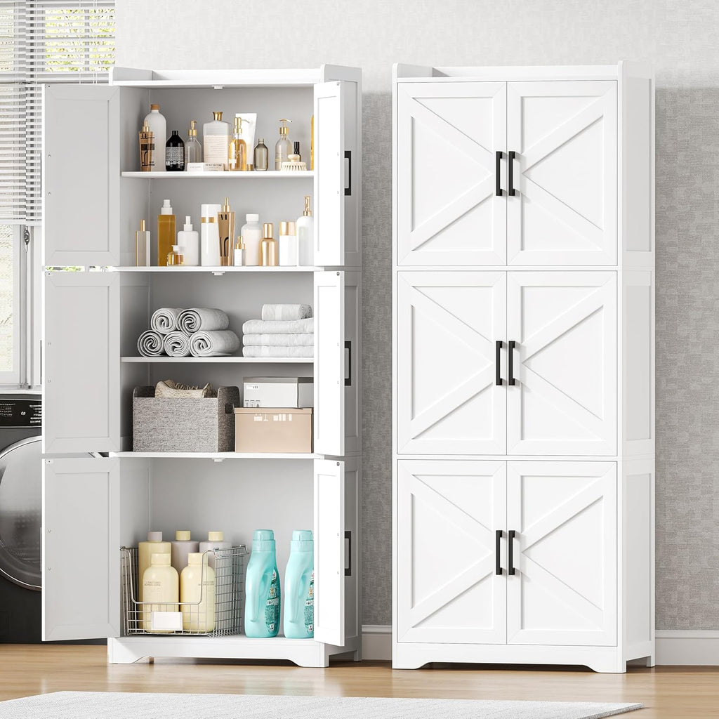 Tall Bathroom Floor Cabinet with 6 Barn Door 60.2''H Pantry White | 11.6''D x 22.6''W Linen Storage Cabinet with