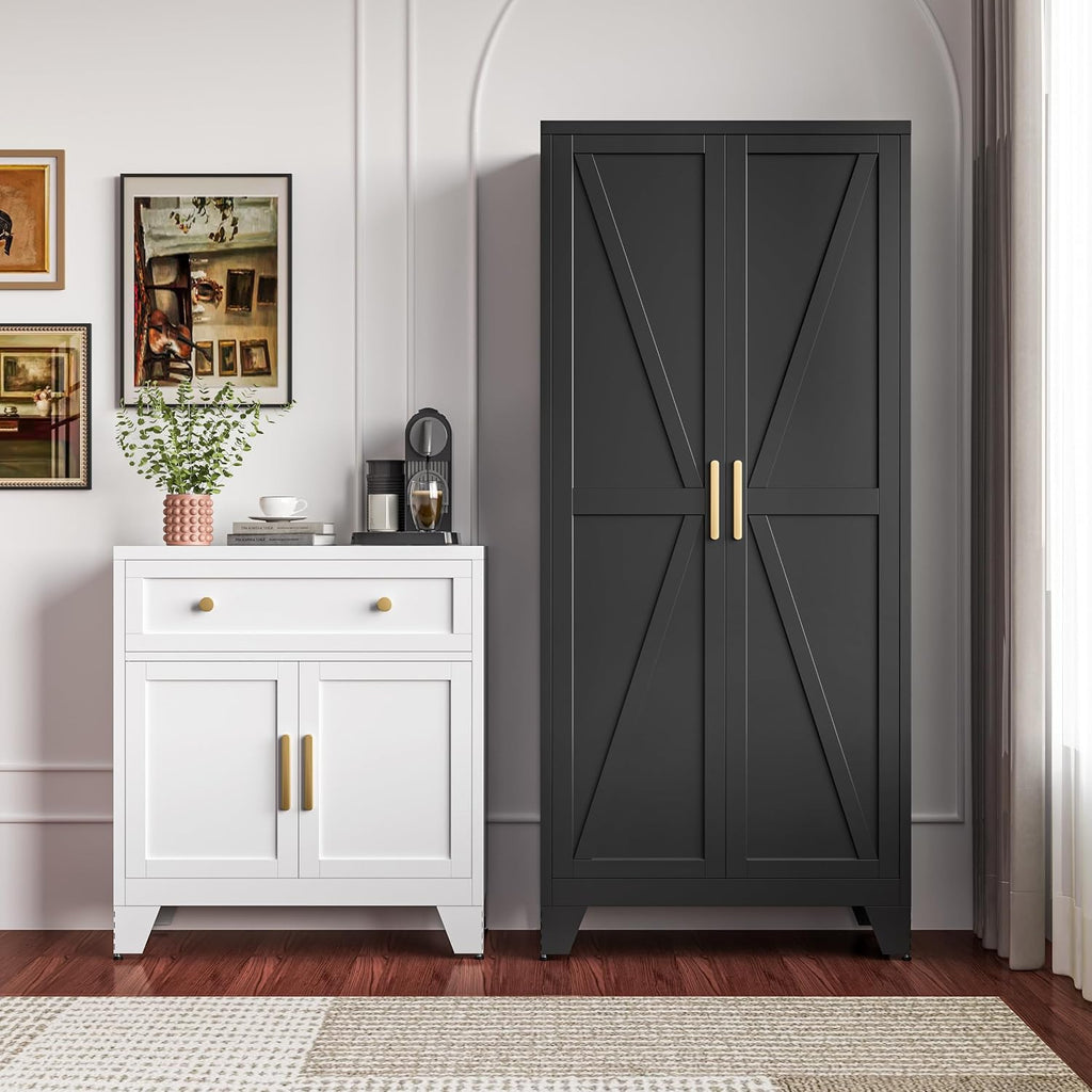 71" Metal Storage Cabinet with Doors and Shelves, Tall Pantry Cabinet in Black with 2 Doors & 4 Adjustable Shelves