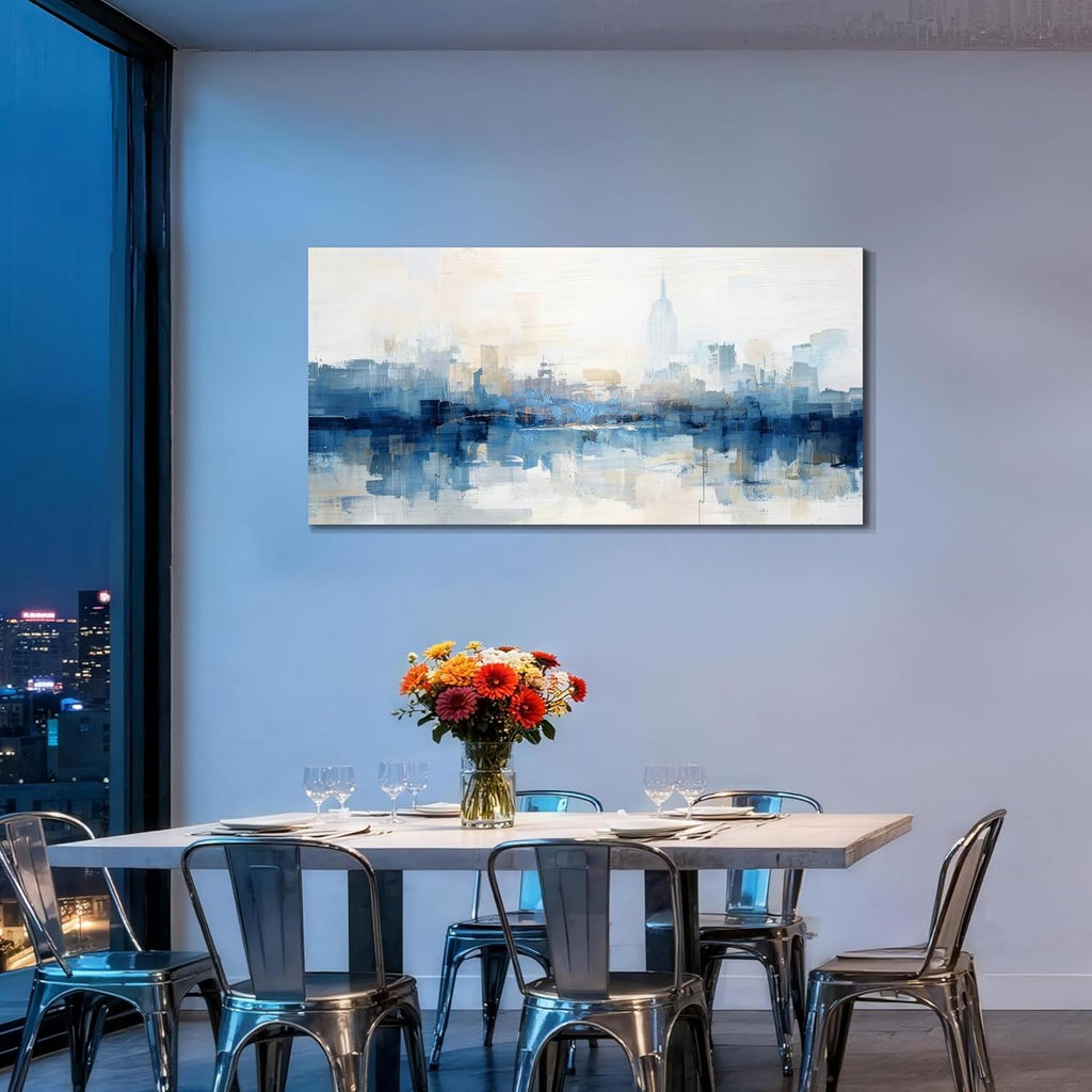 NY Skyline Wall Art Abstarct Cityscape Canvas Painting 40"x20" | new york print blue white NYC picture artwork framed