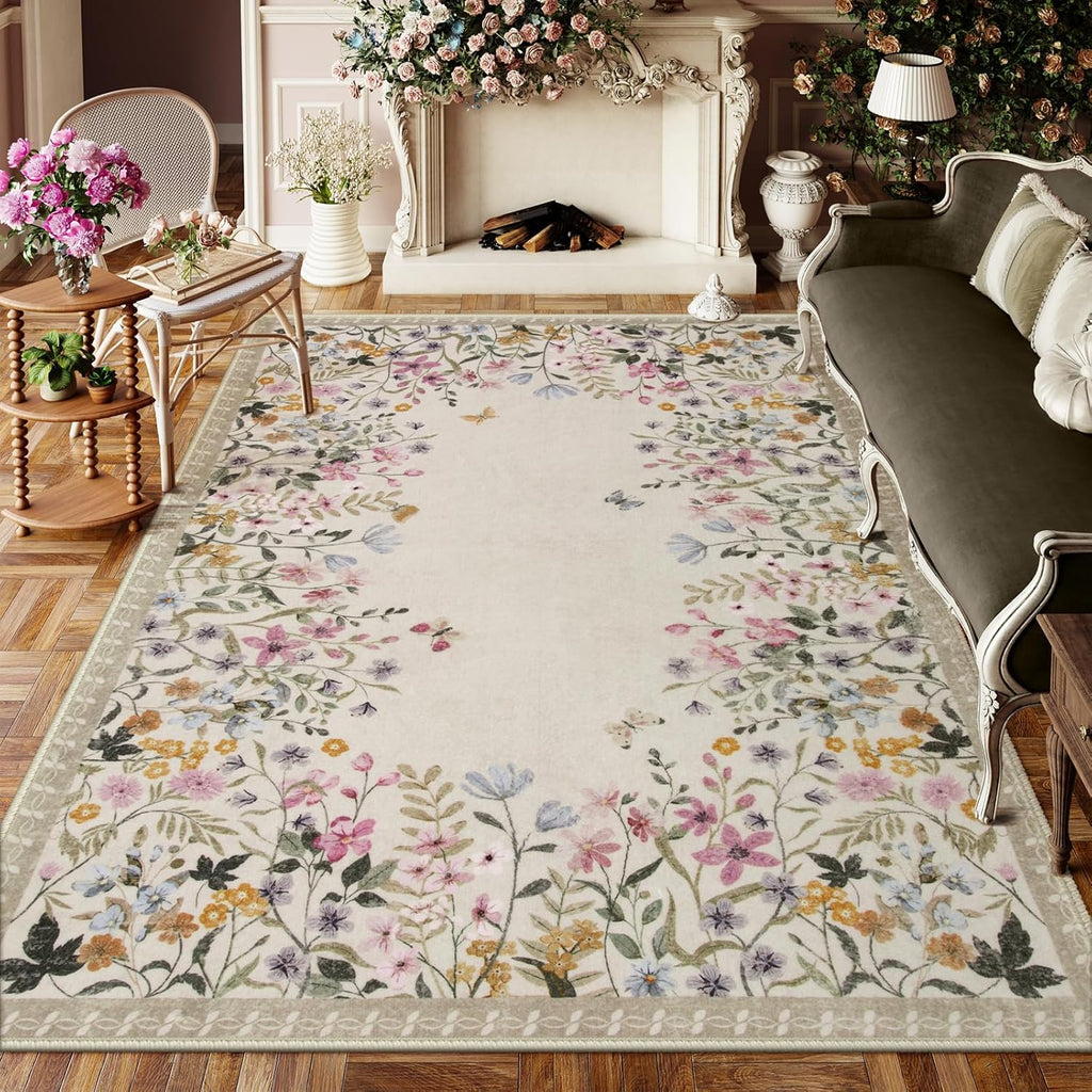 6x9 Washable Floral Area Rug, Soft Non-Slip Carpet for Living Room Bedroom Beige