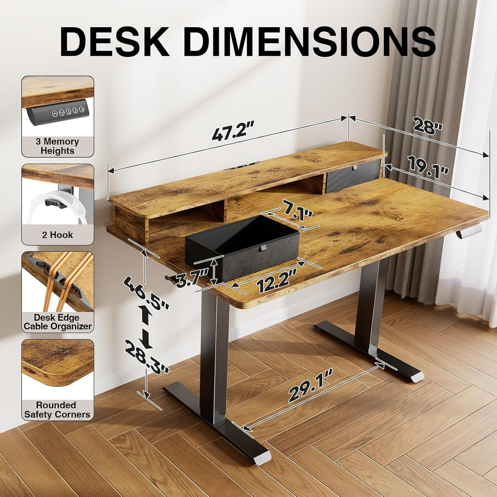 47x28 in Electric Standing Desk with Drawers, Adjustable Table, Brown | Stand up Computer Desk , Work & Study, with