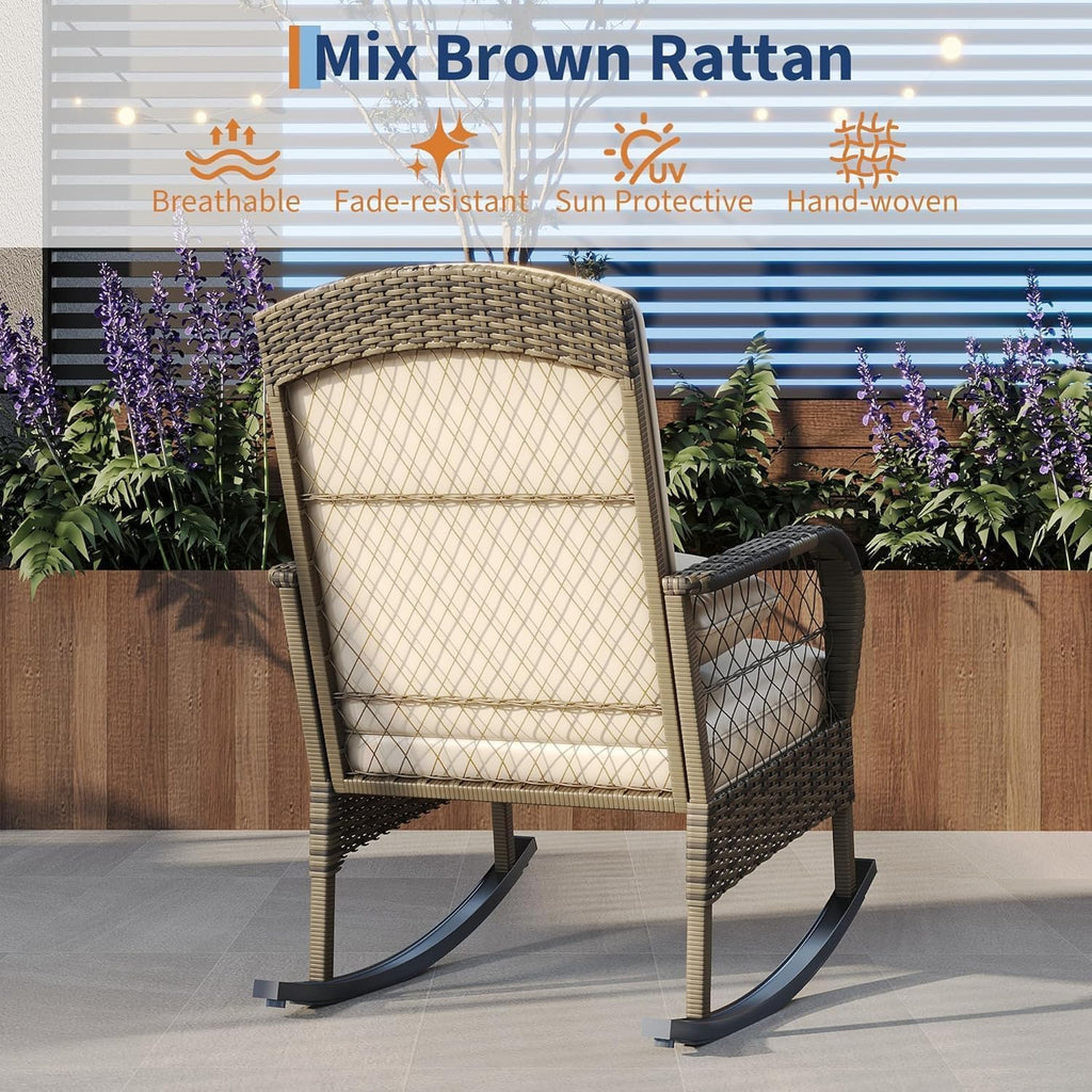 Outdoor Wicker Rocking Chair, Patio Rattan Rocker Chair with Cushions & Steel Frame, All-Weather Rocking Lawn Wicker