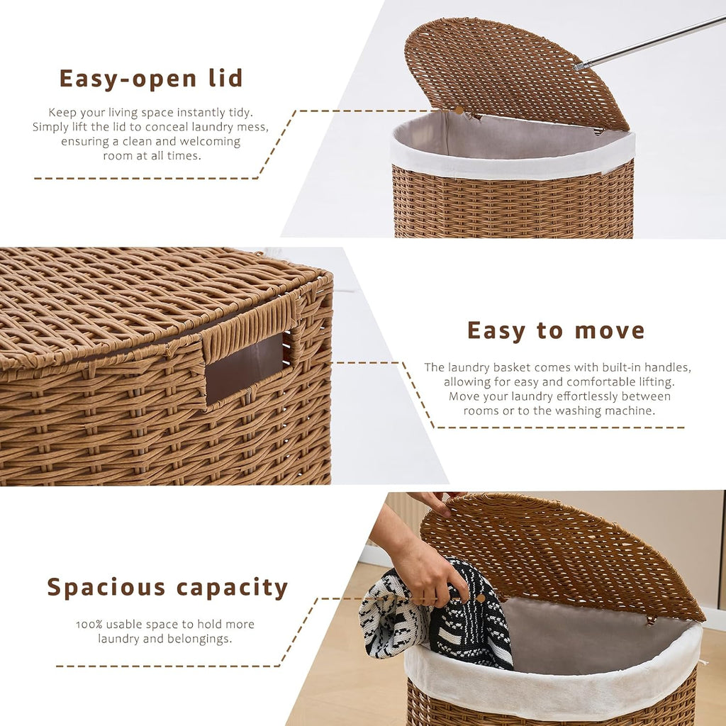 Wicker Half Moon Laundry Basket with Lid and 2 Replaceable Liner Bags, Handwoven Rattan Hamper for Dirty Clothes