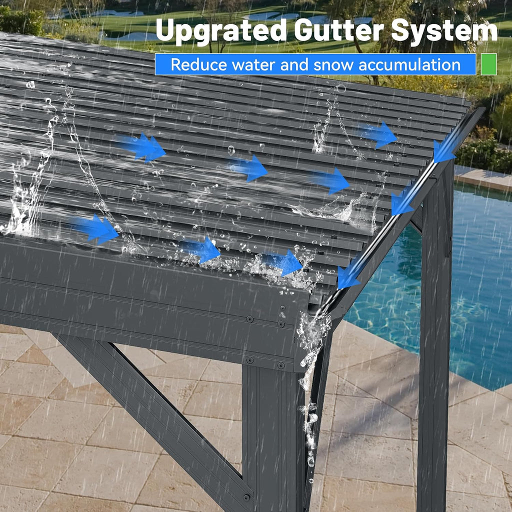 10x14FT Lean to Gazebo, Outdoor Hardtop Wall Mounted Gazebo with Gutter & Sloping Galvanized Steel Roof