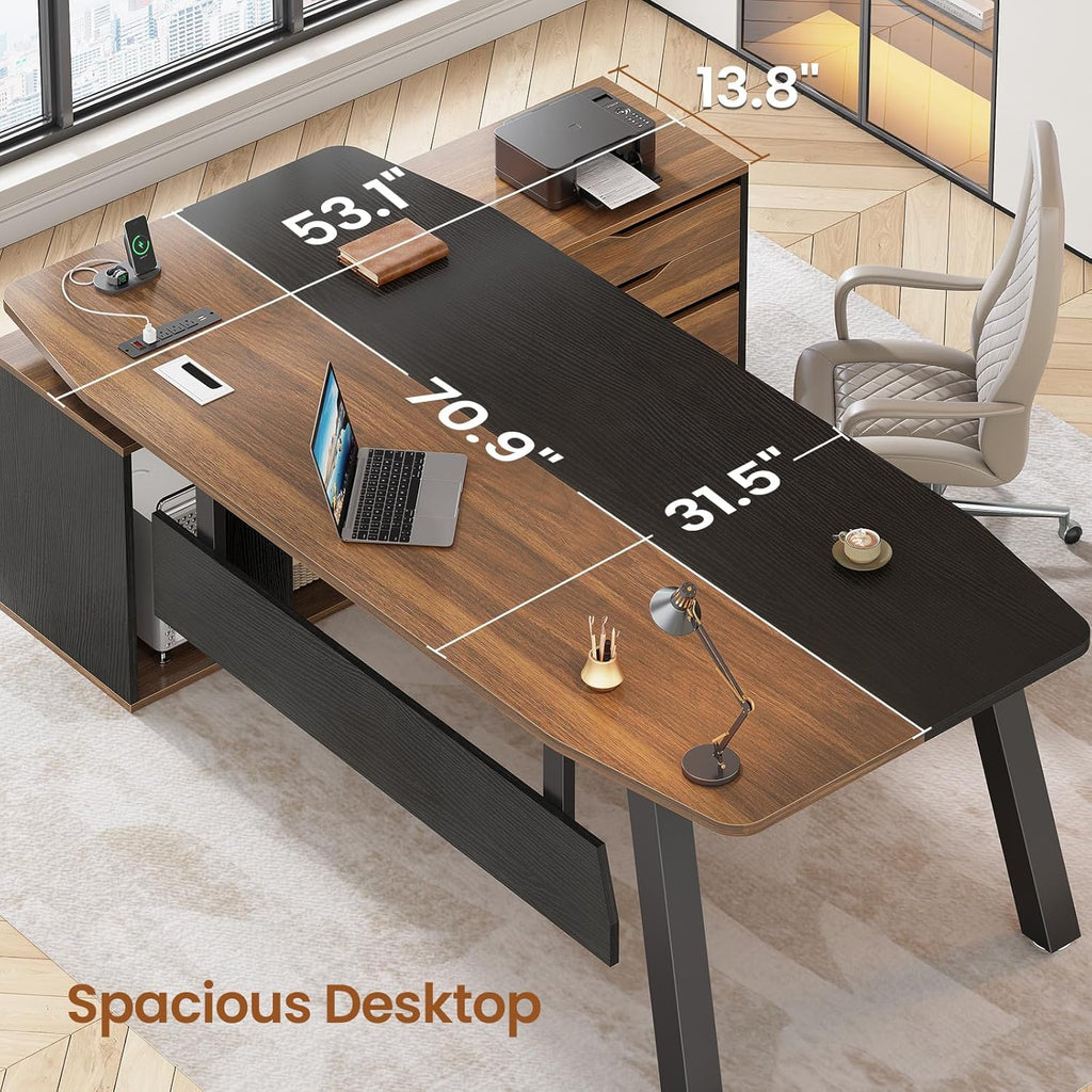 71" Executive Desk with File Cabinet, Large Office Desk with Drawers and Shelves