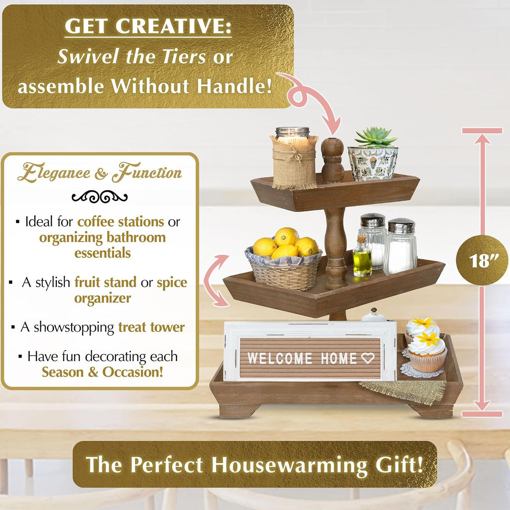 3 Tier Serving Tray [3 in 1] - Gorgeous Coffee Table Tray [Includes 3 Changeable Handles] - Can Assemble into a 1, 2