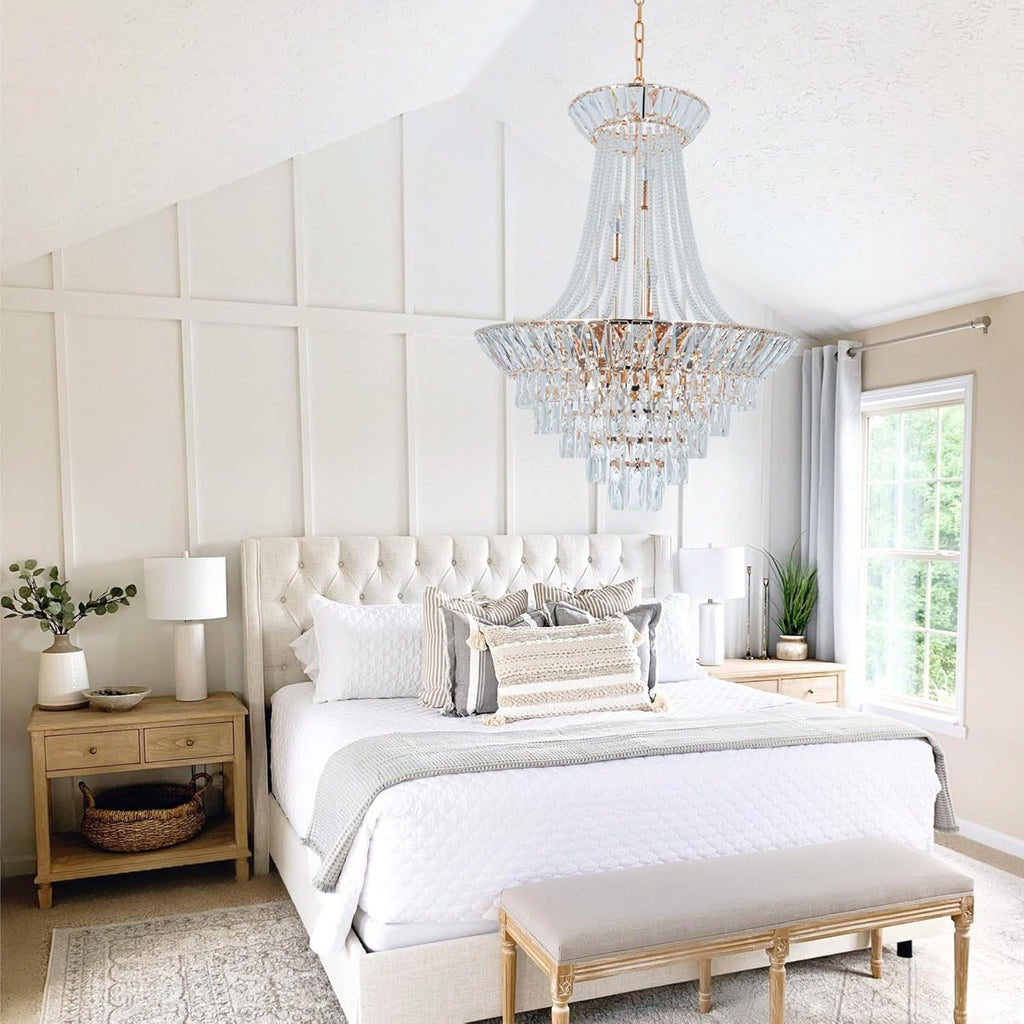 Luxury Crystal Chandelier, 24 inch Modern Gold French Empire Crystal Ceiling Chandelier Lighting Fixture Lamp High Ceiling Hanging Light Home Decor Lamp for Living Room Bedroom Foyer