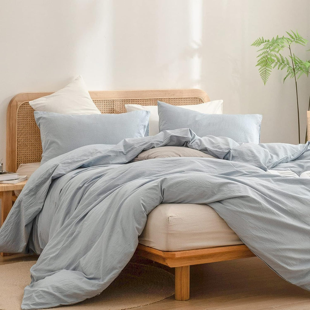 Cotton Solid Duvet Cover Set Linen Feel Cornflower Blue Queen - Set of 3