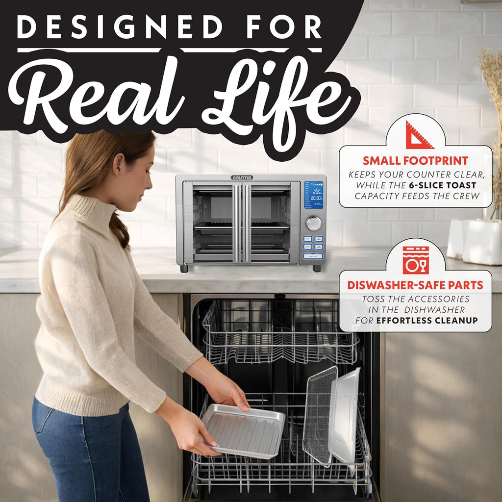 Air Fryer French Door Toaster Oven - 6-Slice Capacity, LED Display with 14 Cooking Presets, Stainless Steel