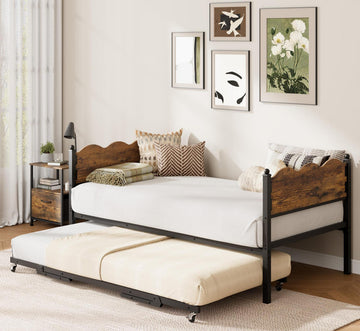 Twin Daybed with Trundle, Day Bed with Industrial Wood Grain Headboard, Steel Slats Support & Lockable Casters