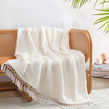 Ultra Soft Cozy Throw Blanket, Light Weight Warm Decorative Throw Blanket with Tassel, Solid Antique White Pattern