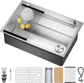 33X22 Drop Sink, 304 Stainless Steel Workstation Sink | Pop-Up Drain, Workstation Sink, Upgraded Fast Drain, Topmount