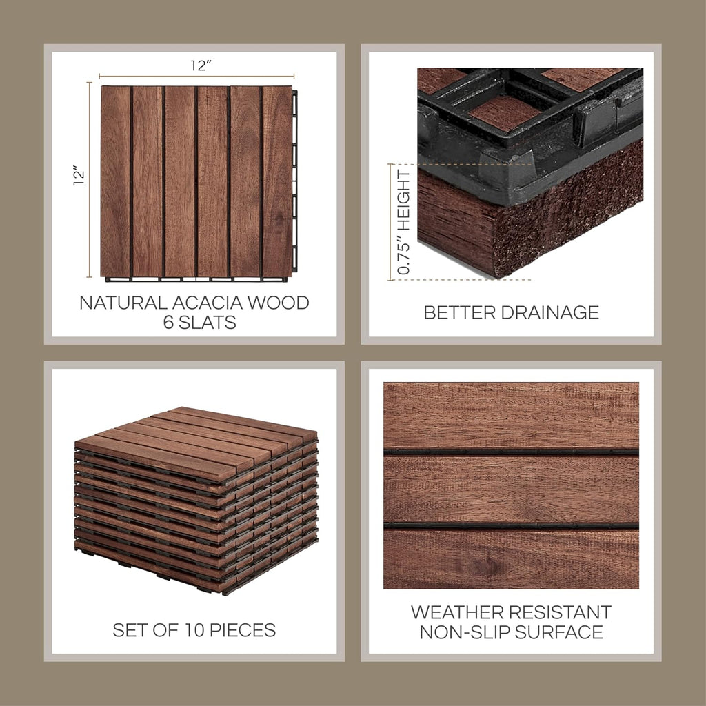 Premium Deck Tiles, Patio Flooring - Set 10 Pcs 12”x12”x0.9” Interlocking Deck Tiles, Waterproof Acacia Wood for