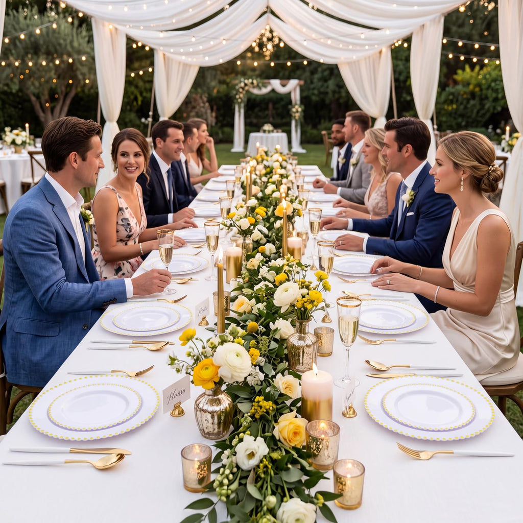 102pcs White and Gold Plastic Silverware Set, 34 Guests