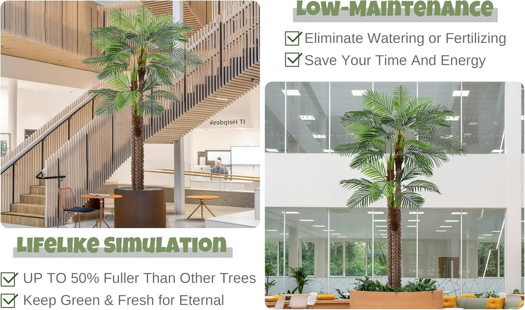 Artificial Triple Phoenix Palm Tree 10FT with 36 Leaves & Real Bark Tropical Coconut Areca Sago Palm Tall Large Faux