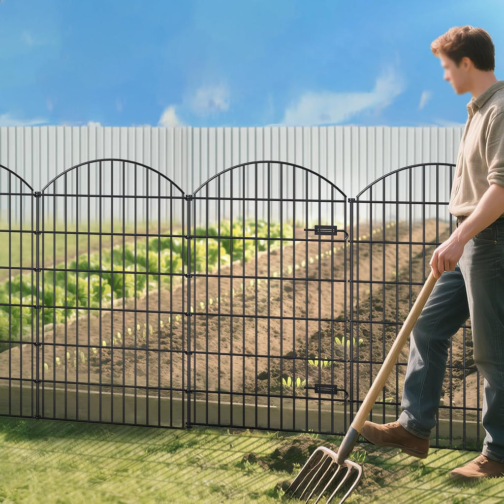 Metal Garden Fence with Gate 48in (H) x 20.3ft (L), 1 Gate+ 7 Panels Dog Fences Border Fence Animal Barrier, No Dig