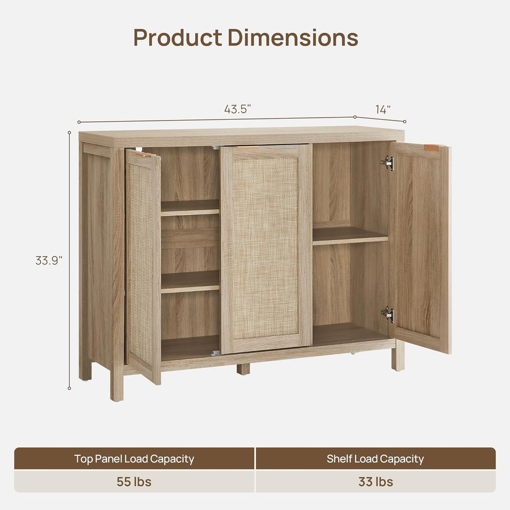 Rattan Buffet Cabinet with Storage 43.5" Sideboard Cabinet with 3 Doors & Adjustable Shelves Wood Sideboard Credenza