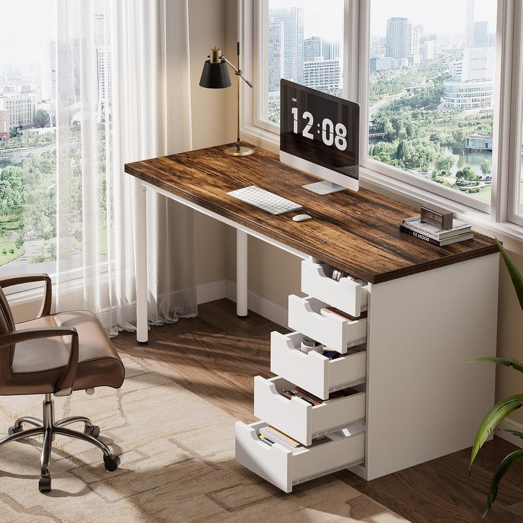 Modern Simple Computer Desk, 47 Inches PC Desk with 5 Reversible Drawers