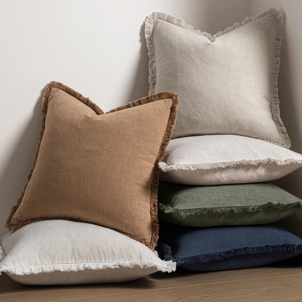 Decorative Throw Pillow Covers Neutral Linen Fringe Throw Pillows Set of 2 Natural Beige Boho Farmhouse Cushion Cases
