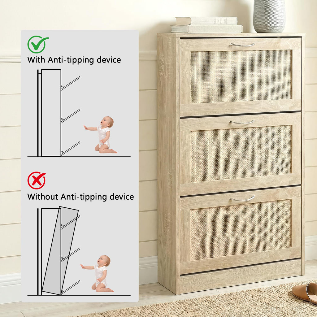 Rattan Shoe Storage Cabinet with 3 Flip Drawers