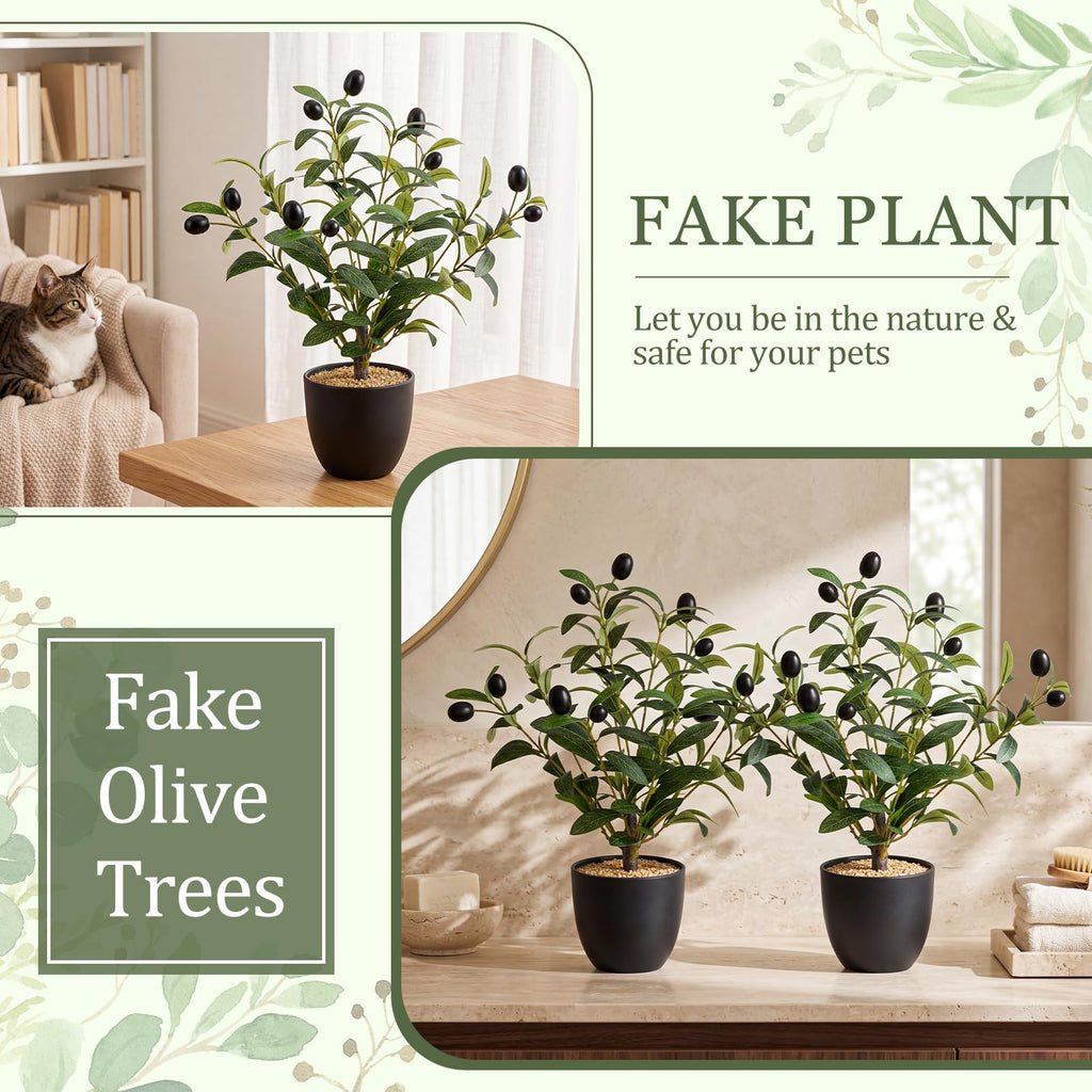 2 Pack 15.8 Inch Small Artificial Olive Tree Indoor, Plastic, Black