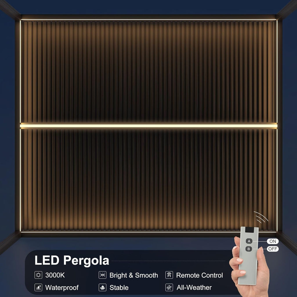 LED Louvered Pergola 94AS 10'x 14' Full Aluminum Frame and Adjustable Roof Integrated Strip Lights for Outdoor Deck