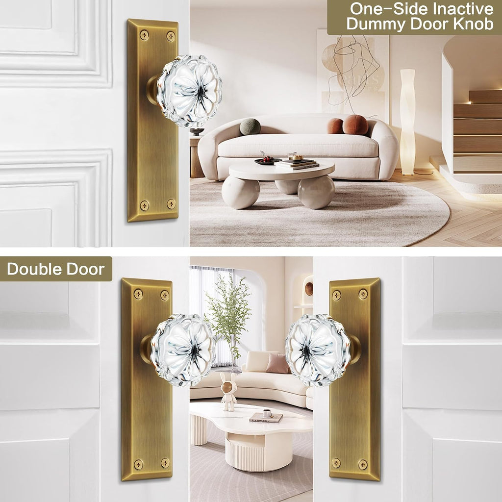Single Sided Vintage Glass Dummy Door Knobs Interior, Antique Brass