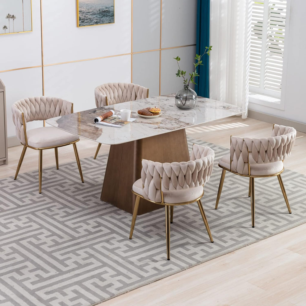 Modern Velvet Dining Chairs Set of 2, Upholstered Living Room Chair with Woven Back and Golden Metal Legs