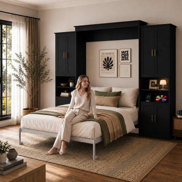 Queen Murphy Bed with 2 Storage Cabinet Shelves, Farmhouse Wood Hidden Foldable Wall Bed Frame, Space Saving Beds