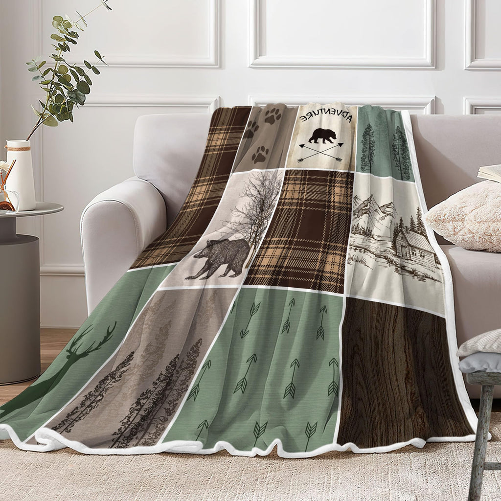 Rustic Cabin Bear Deer Weighted Thick Throw Blanket for Couch, Green Hunting Camper Woodland Farmhouse Lodge Plaid