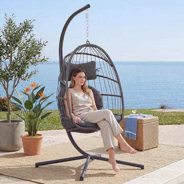 Indoor Outdoor Egg Hanging Chair with Stand, Charcoal Grey | Egg Chairs with UV Resistant Cushion for Indoor Bedroom