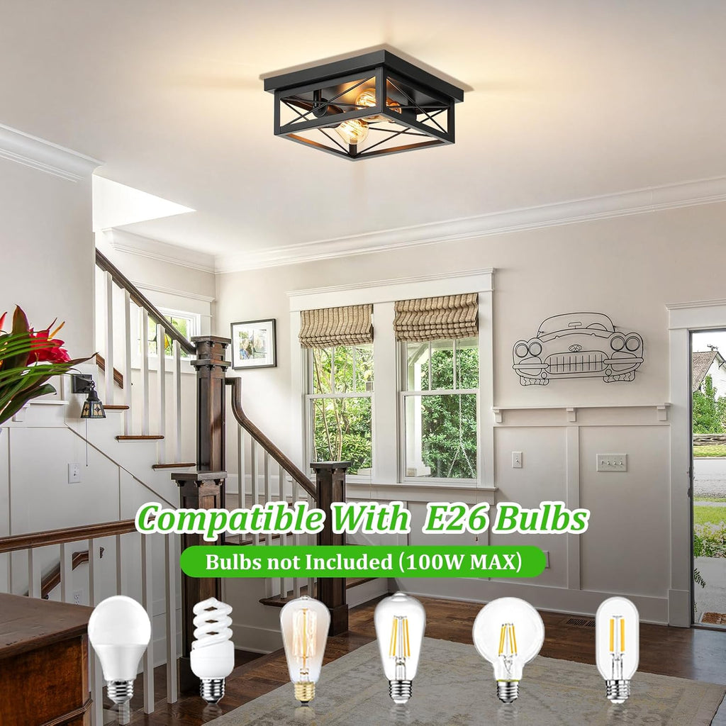 2-Light Industrial Square Flush Mount Ceiling Light, Farmhouse Ceiling Light Fixture for Kitchen