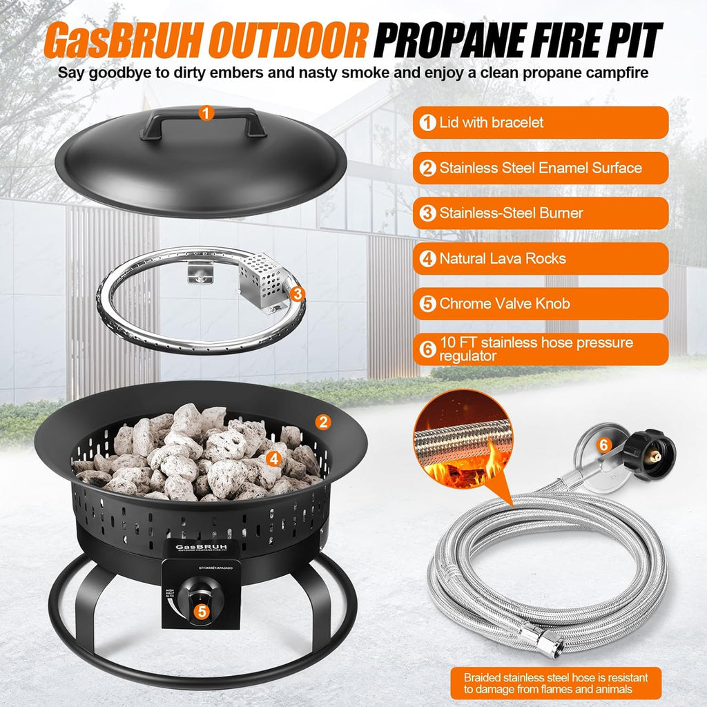 Outdoor Portable Propane Fire Pit, 19-Inch,60,000 BTU with Cover&Carry Kit,Camping Propane Fire Pits,Gas