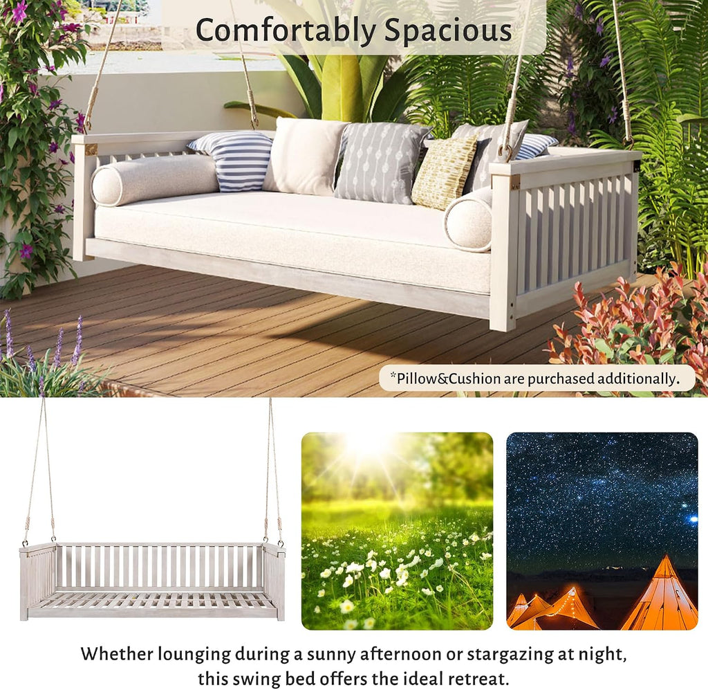 79" Acacia Solid Wood Porch Swing Bed Twin Size Hanging Daybed with Hemp Ropes, Classic Patio Backyard Outdoor Wooden