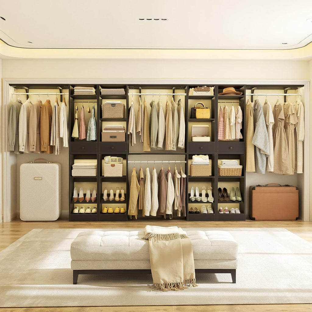 10-15FT Closet Systems, Large Wood Walk in Closet Organizer with Hanging Rods and Drawers, Heavy Duty Closets