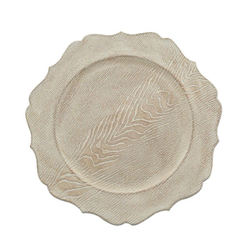 Rustic White 13 in Wooden Round Acrylic Charger Plates | 13-Inch Scalloped Trim Dinnerware Set for Holiday Parties