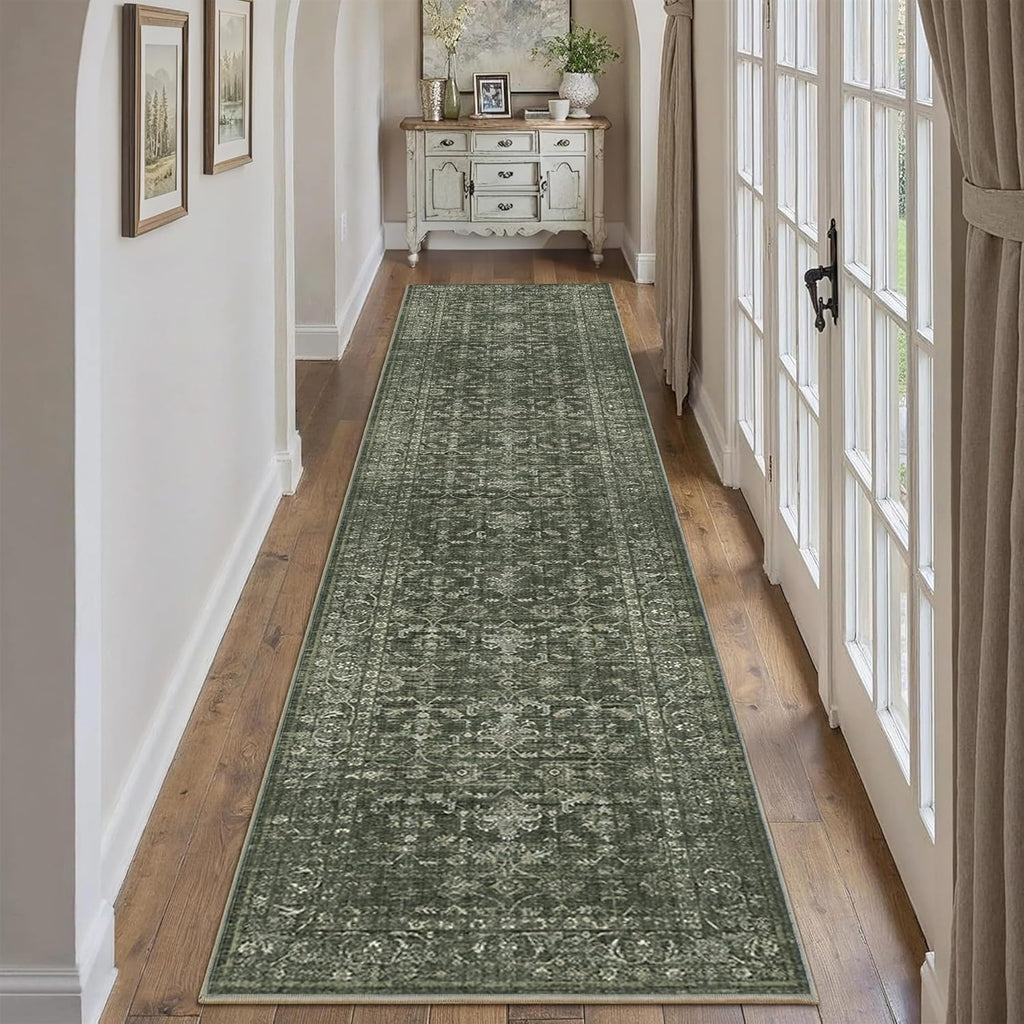 2x10 Hallway Washable Runner Rug Vintage Green Boho Extra Long Runners